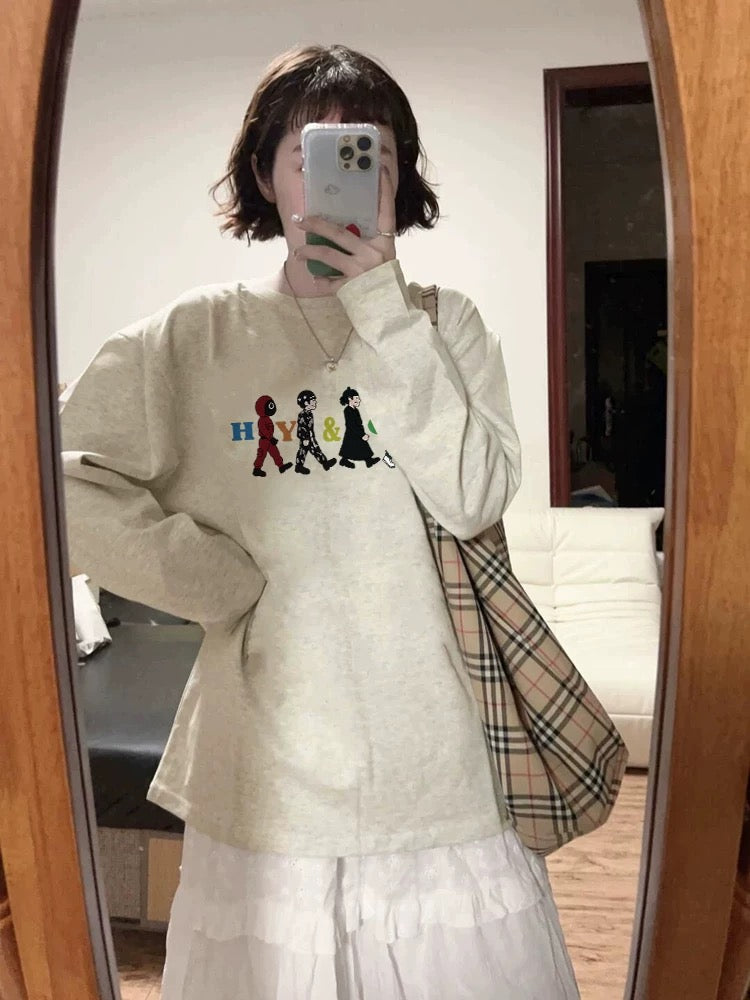 100% cotton American retro Hong Kong style chic straight shoulder long-sleeved T-shirt women's loose lazy niche design top
