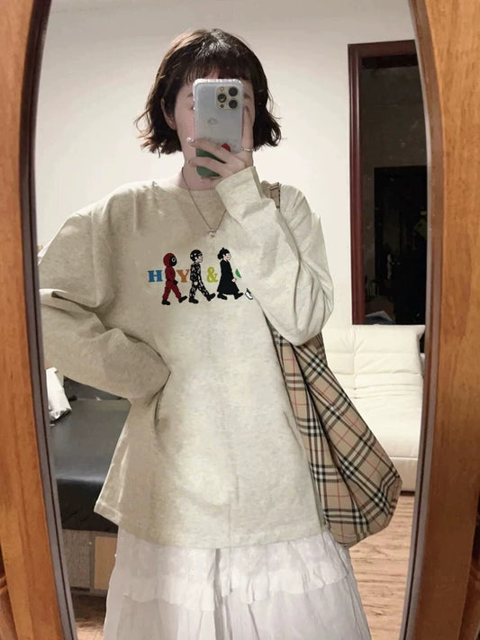 100% cotton American retro Hong Kong style chic straight shoulder long-sleeved T-shirt women's loose lazy niche design top