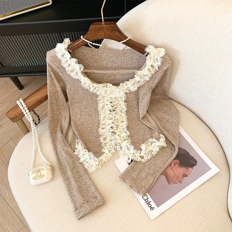 Pure Desire French Lace Pink Knitwear Women's Autumn and Winter Short Irregular Irregular Bottoming Shirt for Women