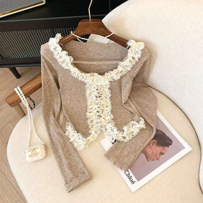 Pure Desire French Lace Pink Knitwear Women's Autumn and Winter Short Irregular Irregular Bottoming Shirt for Women