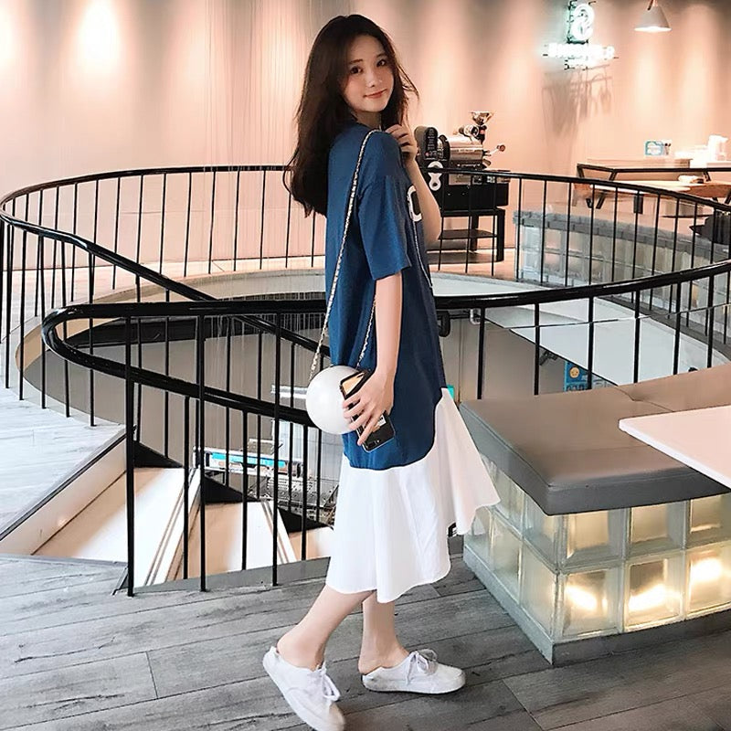 Loose dress for women summer 2023 new Korean style short-sleeved casual skirt chiffon splicing mid-length T-shirt skirt