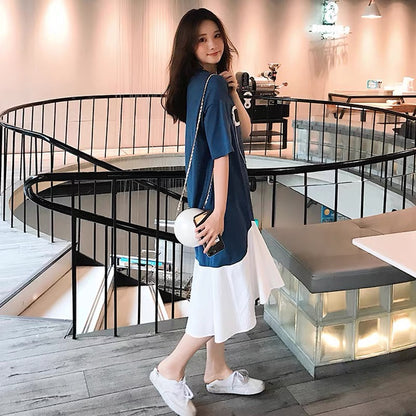 Loose dress for women summer 2023 new Korean style short-sleeved casual skirt chiffon splicing mid-length T-shirt skirt