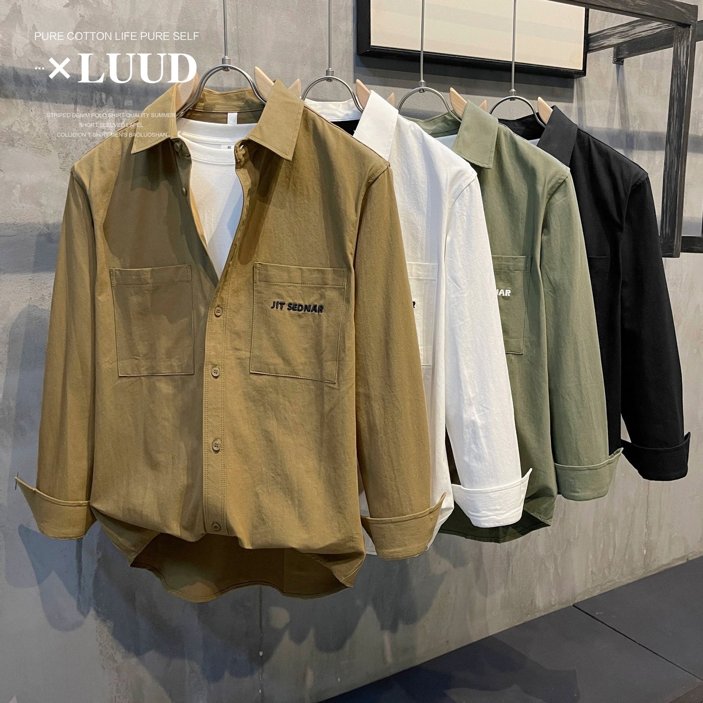 LUUD 100 pure cotton fabric comfortable lapel shirt simple and versatile solid color tooling trend men's long-sleeved thin coat