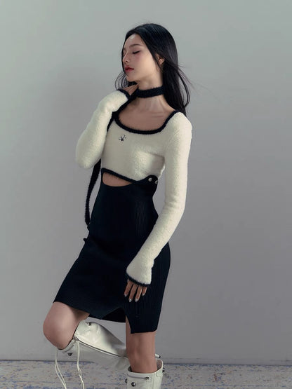 AGAM original design detachable black and white contrasting hollow knitted dress