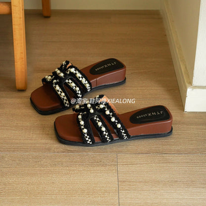 Women's Beaded Square-Toe Platform Slides – "Chanel-Style" Chic, Suitable for Outdoor Wear, Beach, and Vacation (2026 Summer New Arrival)