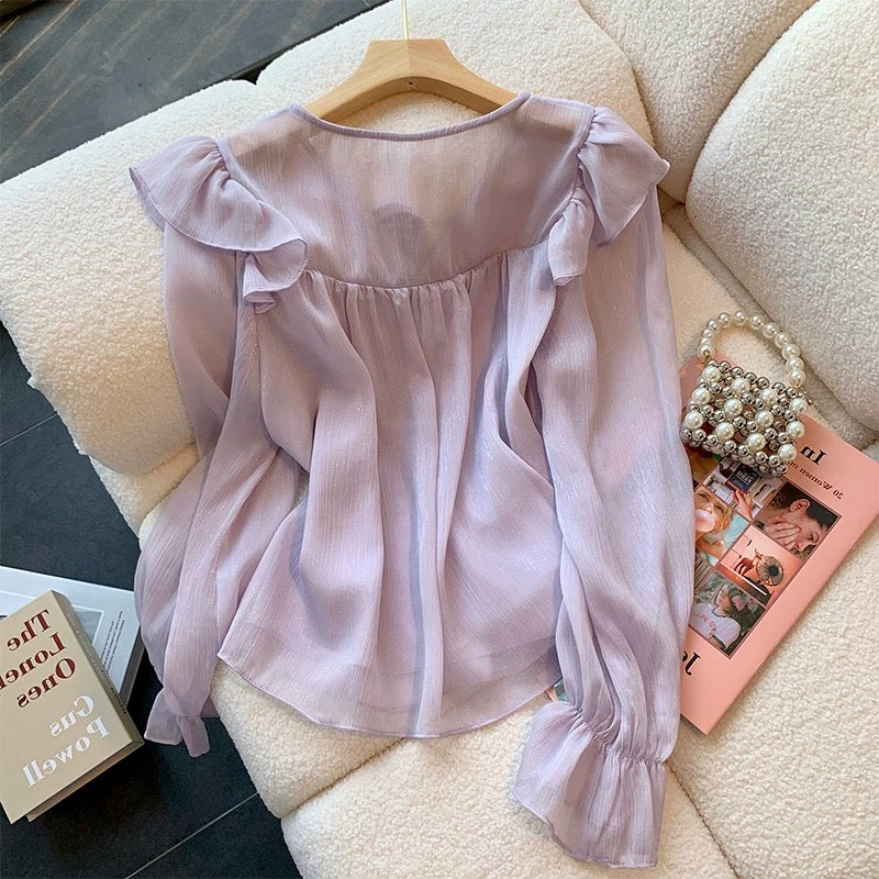 Cut label women's clothing authentic tail goods luxury big-name purple chiffon shirt women's summer 2023 new sweet loose top