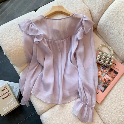Cut label women's clothing authentic tail goods luxury big-name purple chiffon shirt women's summer 2023 new sweet loose top