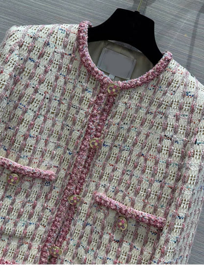 Fashionable temperament and age-reducing girl Xiaoxiangfeng 23 autumn new round neck long sleeve colorful gauze check short casual jacket