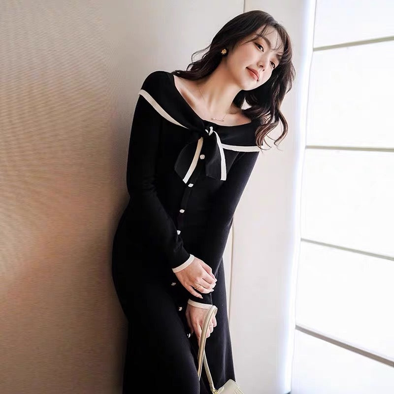 European station autumn clothing Internet celebrity new temperament little black skirt intellectual and elegant knitted shirt long skirt high-end dress