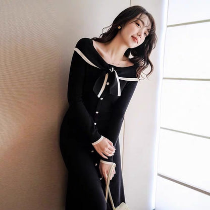 European station autumn clothing Internet celebrity new temperament little black skirt intellectual and elegant knitted shirt long skirt high-end dress