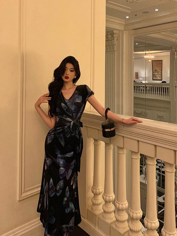 Ge Fuzhen Velvet Butterfly Print Dress Women 2024 Summer New Retro Style V-neck Lace-up Waist Long Dress