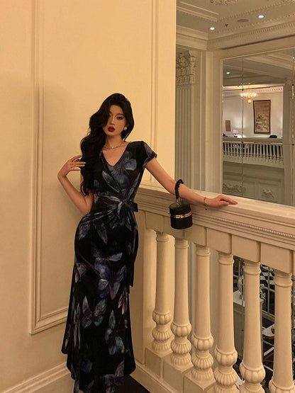 Ge Fuzhen Velvet Butterfly Print Dress Women 2024 Summer New Retro Style V-neck Lace-up Waist Long Dress