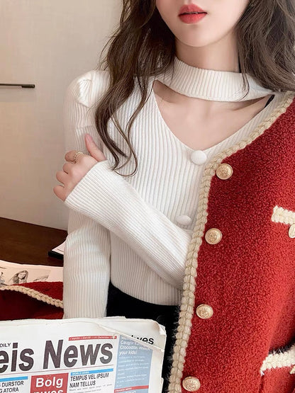 White knitted sweater women's half turtleneck bottoming shirt 2023 new autumn style foreign style autumn and winter inner sweater slimming top