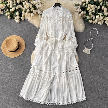 French retro palace style stand-up collar hollow single-breasted long-sleeved dress with waist and elegant high-end feel (S0991)