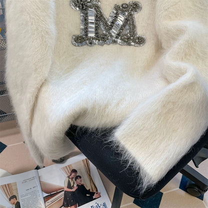 European goods beautiful lazy style heavy sequined letter sweater men and women autumn and winter thickened mohair soft glutinous knitted jacket