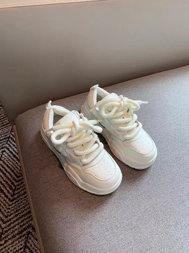 Casual women's sports shoes 2023 autumn new college style versatile denim stitching genuine leather lace-up thick-soled sneakers