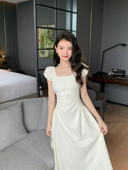 Deng Liuliu white dress for women summer French style first love square neckline waist slimming long skirt certificate small white dress D347