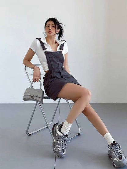 liviahome American retro college style adjustable knitted suspender skirt for women slimming and hip-hugging short skirt (J198)