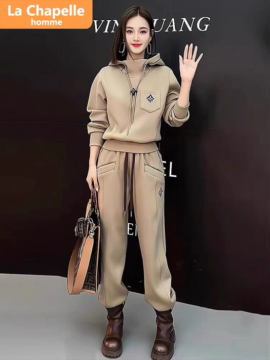 La Chapelle casual sports suit women's autumn and winter 2023 new velvet thickened hooded brand sweatshirt two-piece set
