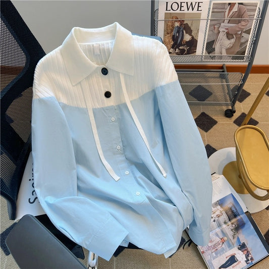 Taro purple shirt for women 2023 autumn design niche mid-length loose casual long-sleeved polo collar top
