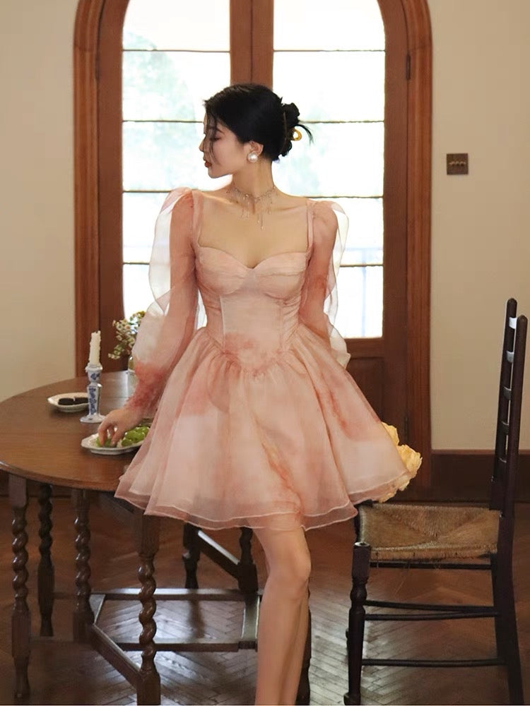 Thirteen and Little French Puff Sleeve Dress Women's Spring Smudged Printed Mesh Waist Princess Petit Skirt