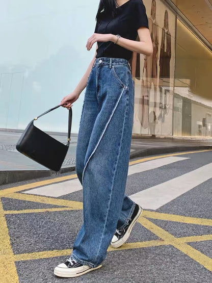 Super high-waisted wide-leg jeans for women straight-leg loose 2023 autumn new dad pants European style splicing boyfriend trendy (P135)