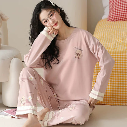 Pajamas for women Spring and Autumn 2024 new long-sleeved cotton large size summer cute autumn and winter home clothes suit