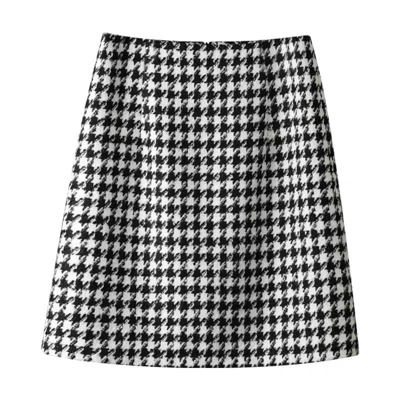 High-end loose drawstring hooded sweatshirt for women 2023 spring and autumn woolen skirt houndstooth skirt two-piece suit (S0343)
