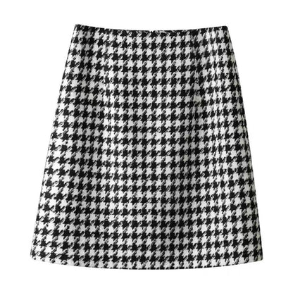 High-end loose drawstring hooded sweatshirt for women 2023 spring and autumn woolen skirt houndstooth skirt two-piece suit (S0343)