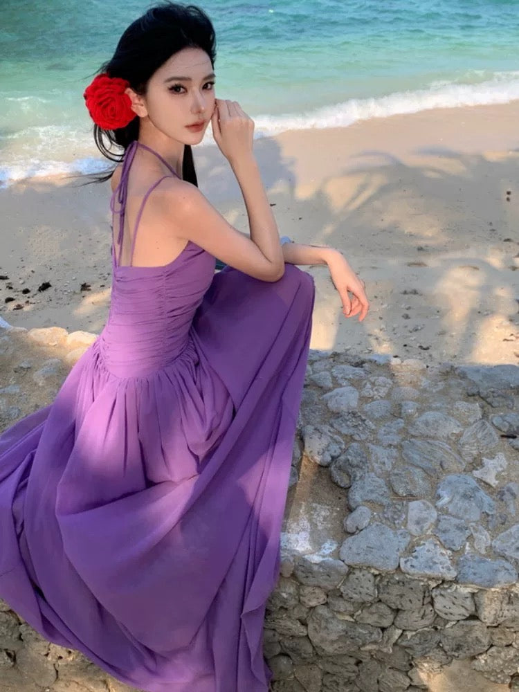 French light luxury high-end deep V purple chiffon suspender dress female summer seaside holiday style sexy long dress