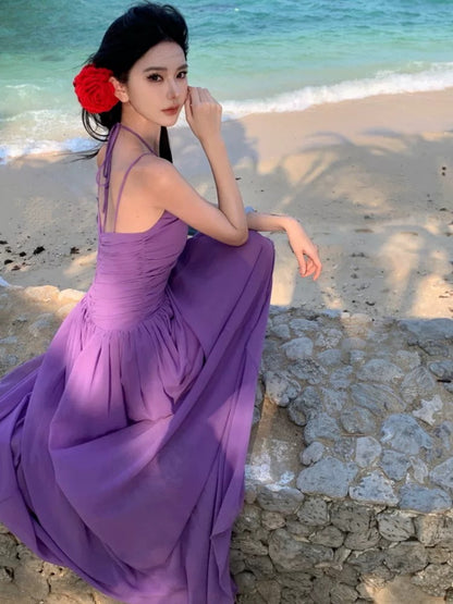 French light luxury high-end deep V purple chiffon suspender dress female summer seaside holiday style sexy long dress