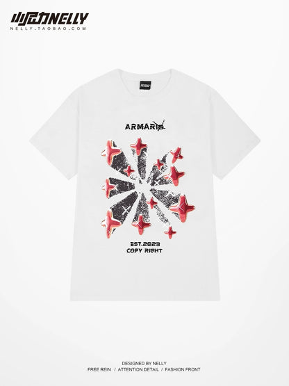 National trend high street four-pointed star print short-sleeved T-shirt men and women pure cotton summer American loose ins trendy couple half-sleeve