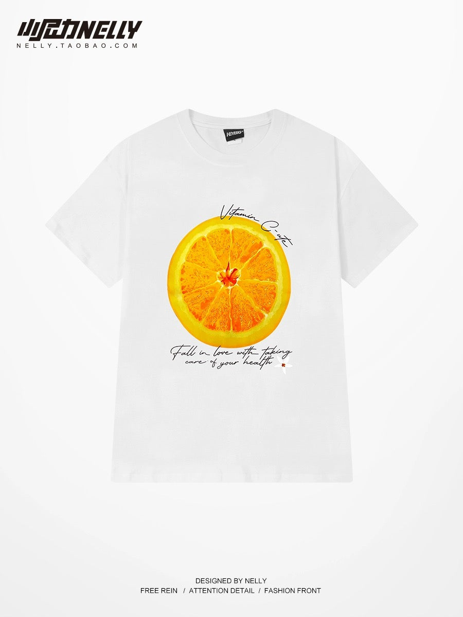 2024 summer new orange print cotton short-sleeved T-shirt men and women trendy casual loose round neck top half sleeve