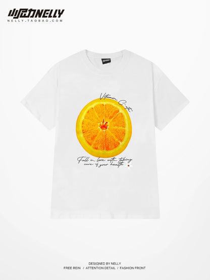 2024 summer new orange print cotton short-sleeved T-shirt men and women trendy casual loose round neck top half sleeve