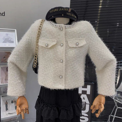 French style wealthy daughter's temperament heavy beaded single-breasted tweed high-end loose and versatile jacket for women