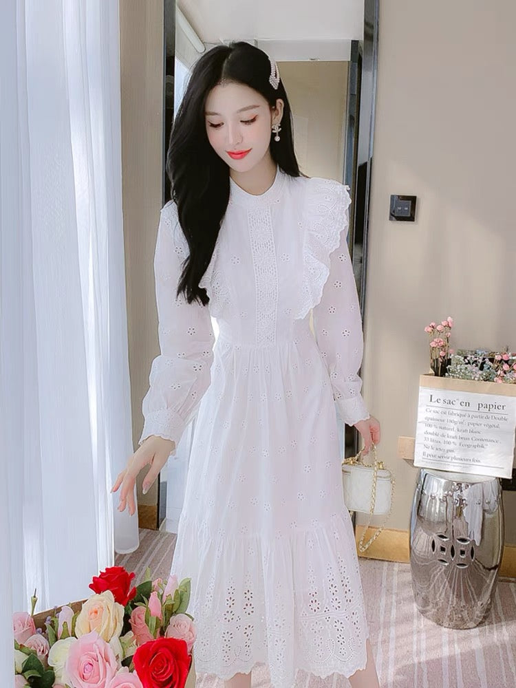 French white lace dress women's autumn clothing 2023 new niche design first love chic fairy dress (S3339)