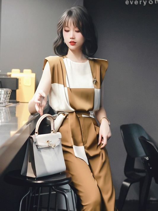 Feijie customized high-end suit 2024 spring and summer new temperament sleeveless top high-waisted wide-leg pants two-piece set
