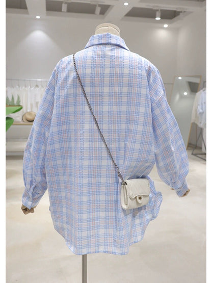 Skin-colored breathable cartoon pattern printing 2024 summer loose medium-length over-hip plaid long-sleeved shirt for women