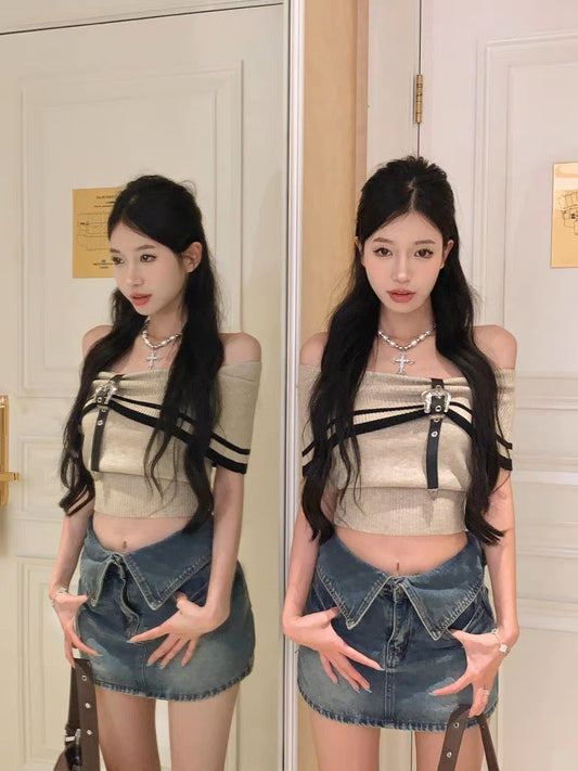 2023 Designed Hot Girl Style Versatile Off-Shoulder Lapel Buckle One-Shoulder Knitted Sweater Top