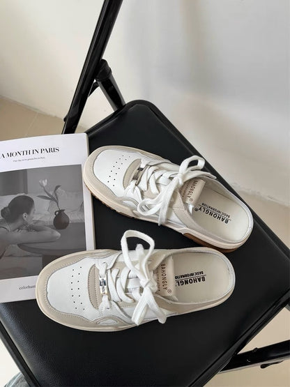 Genuine leather toe-toe white shoes for women 2023 spring new style flat-soled lazy half-slippers for outer wear soft-soled versatile casual sneakers