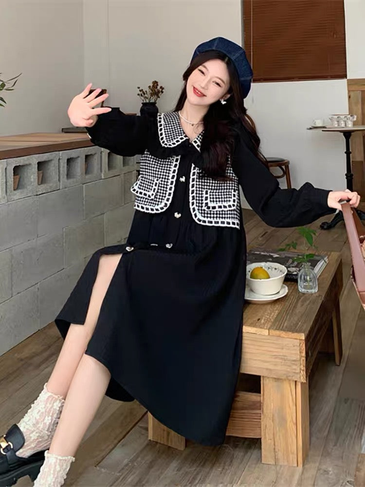 Plus size women's design French shirt to cover belly dress women's spring and autumn street doll collar slim skirt (D0978)