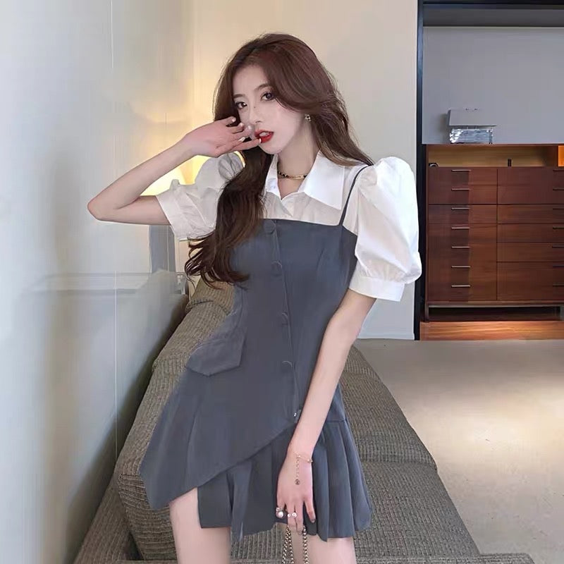 Small slim-fitting high-end pleated skirt suit for women summer chic shirt splicing irregular dress two-piece set