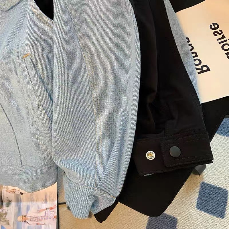American trend color contrast denim stitching jacket coat men and women autumn fashion loose casual couple cardigan top