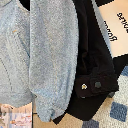 American trend color contrast denim stitching jacket coat men and women autumn fashion loose casual couple cardigan top