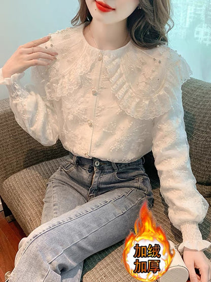 Palace style doll collar lace bottoming shirt for women 2023 autumn and winter style plus velvet thickening foreign fashionable inner top (B2312)