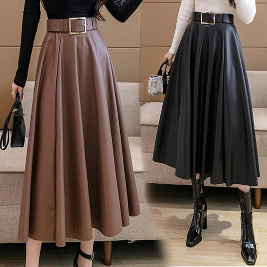 Brown leather skirt 2023 new high-waisted pleated A-line skirt for women autumn and winter mid-length hip-covering long skirt