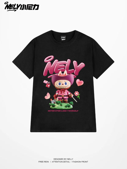 NELY American high street cartoon print short-sleeved T-shirt for men and women loose hip-hop casual couple T-shirt ins
