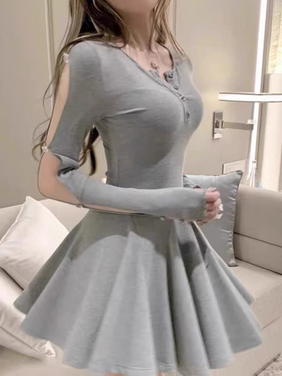 With safety pants, gray long-sleeved tight-fitting sexy T-shirt dress – Lee Nhi Boutique With safety pants, gray long-sleeved tight-fitting sexy T-shirt dress – Lee Nhi Boutique