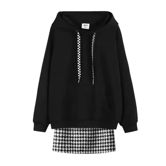 High-end loose drawstring hooded sweatshirt for women 2023 spring and autumn woolen skirt houndstooth skirt two-piece suit (S0343)
