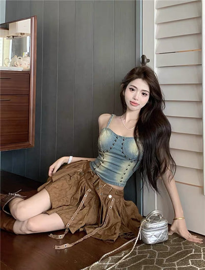 Retro hot girl denim camisole women's summer small short short section slim fit and thin halter top outerwear